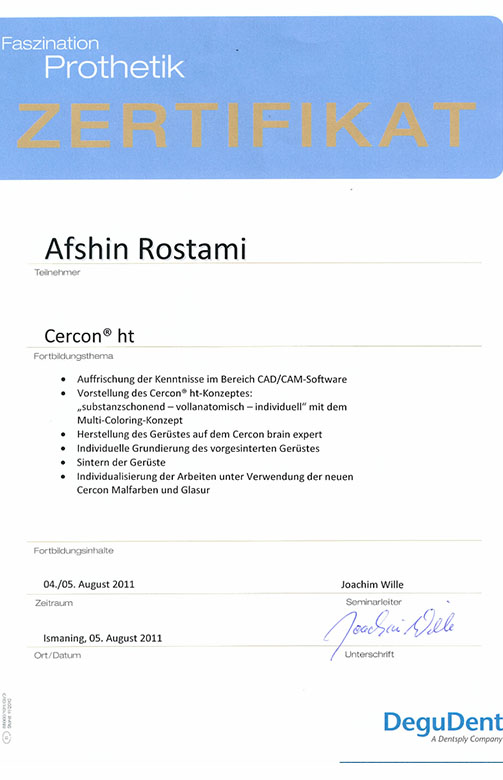 Zertifikat ZTM Afshin Rostami - Pearl Dental - Zahntechnik München